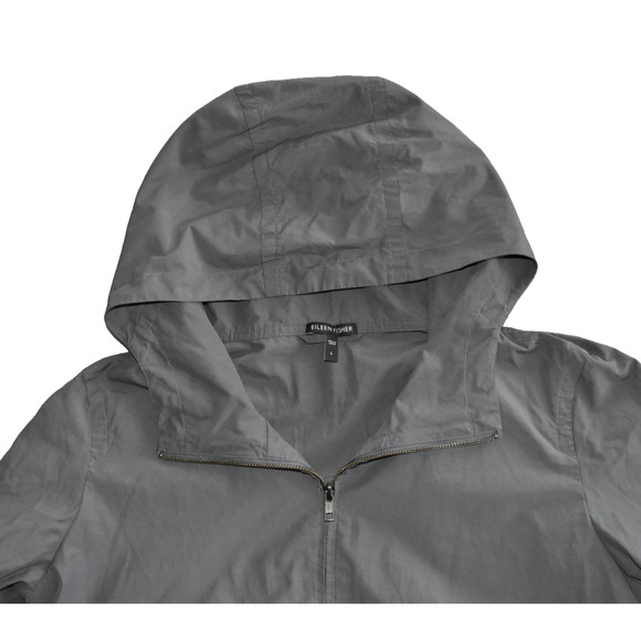 B0 Auth EILEEN FISHER Gray Lightweight Cotton/Nylon 2-Way Zip Hooded Jacket Sz L - Picture 4 of 6